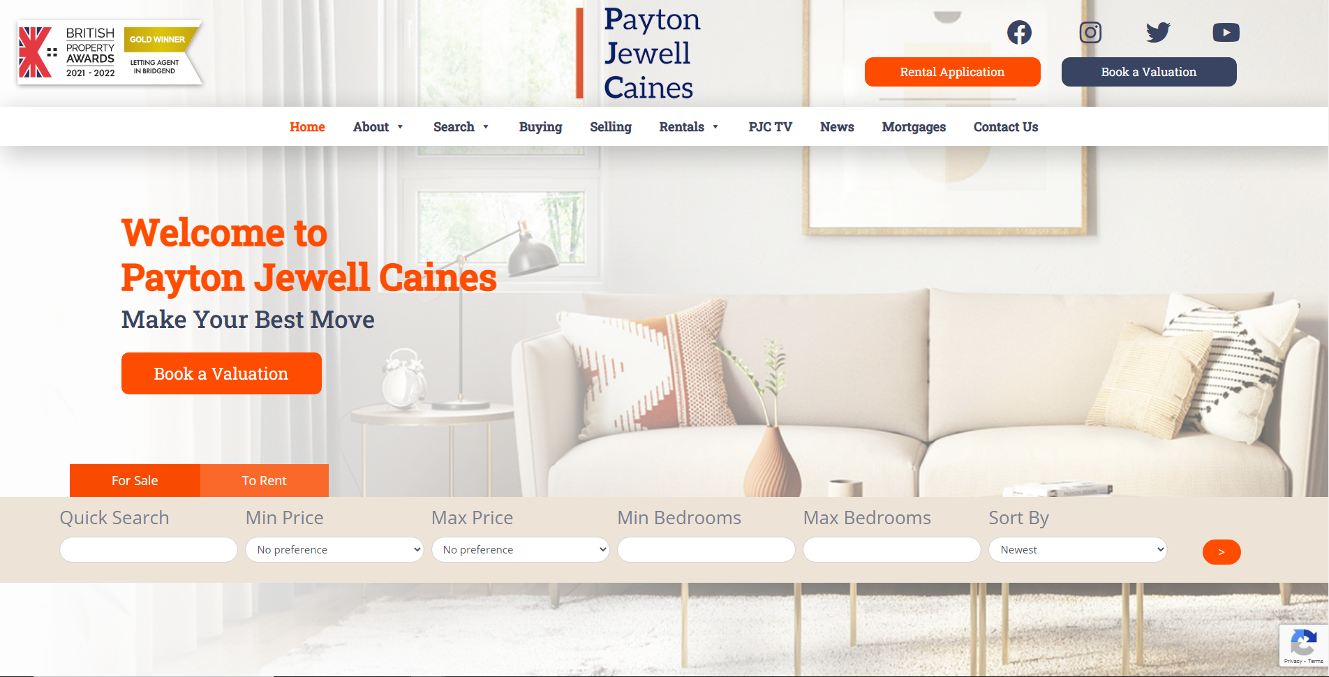 Screenshot of PJC Homes Estate Agents website